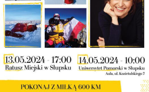 Plakta informacyjny z tekstem jak w treści artykułu; grafika - widoki górskie, podróżniczka na szczycie z flagą RP oraz zdjęcie samej podróżniczki