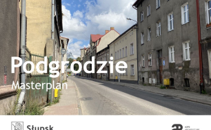 Zdjęcie przedstawia ulicę Św. Piotra w Słupsku z napisem "Podgrodzie" i "Masterplan" oraz logami Miasta Słupska i firmy A2P2 Architecture and Planning