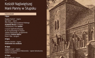 Plakat 38. Festiwal Muzyki Organowej i Kameralnej w dniach 1lipca -5 sierpnia 2021 godz.19.15z grafiką Zdzisława Daczkowskiego - Kościoła Mariackiego