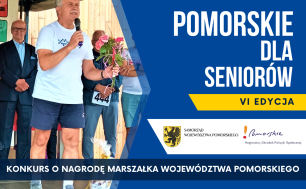 Zdjęcie przedstawia plakat konkursowy informujący o VI edycji konkursu Pomorskie dla Seniora; źródło: Regionalny Ośrodek Polityki Społecznej