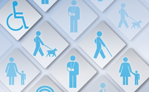 plakat przedstawiający niebieskie ikony z różnymi rodzajami niepełnosprawności oraz osób ze szczególnymi potrzebami