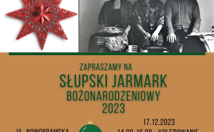 grafika Słupskiego Jarmarku Bożonarodzeniowego brązowe tło u góry w rogu czarno-biała fotografia trzech muzyków zespołu Michalove