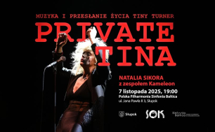 baner koncertu PRIVATE TINA - czarne tło, zdjęcie artystki oraz napisy i logotypy w kolorach czerwonym i białym; informacje na banerze z treści