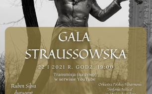 czarno-biały posąg mężczyzny grającego na skrzypcach, na złotym kwadracie napis Gala Straussowska 22.01.2021 Transmisja na żywo w serwisie Youtube