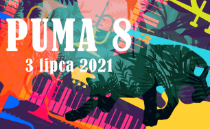 plakat PUMA 8  napis 3 lipca 2021, abstrakcyjna barwna  grafika z elementami gitary, klawiszy, trąbki i czarnym kotem