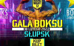 Plakat z napisem Gala Boksu  "18 lutego Słupsk" na tle odwróconego tyłem pięściarza.
