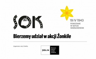 Plakat akcji Żonkile. Mała grafika żółtego kwiatu Żonkila oraz czarny tekst  SOK Bierzemy udział w akcji Żonkile