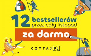 żółte tło , na nim kosmiczne grafiki ludzików, napis 12 bestsellerów przez cały listopad  za darmo