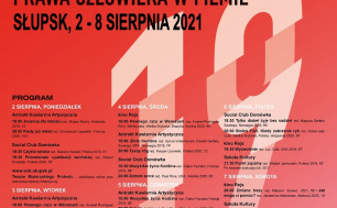 Plakat wydarzenia w czerwonym kolorze ze szczegółowym programem dostępnym również na stronie www.sok.slupsk.pl  : Objazdowy Festiwal Filmowy WATCH DOCS. Prawa człowieka w filmie. Słupsk 2- 8 sierpnia 2021