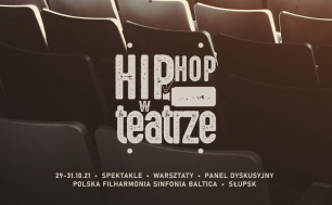 grafika w ciemnym brązowym kolorze, rząd teatralnych krzeseł z napisem Hip Hop w Teatrze 29 - 31.10.21