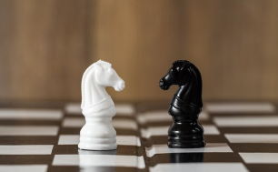 Dwie figury szachowe - skoczek biały i skoczek czarny na szachownicy.