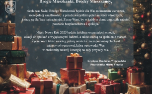 Życzenia świąteczne, tekst jak w artykule, grafika świąteczna, choinka, prezenty z kokardami