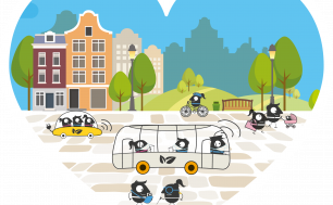 Grafika przedstawia emotikony poruszające się pieszo, rowerem, autobusem i samochodem elektrycznym.