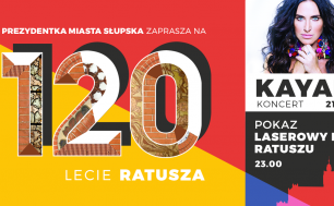Plakat z napisem 120 lat Ratusza, Konert Kayah i pokaz laserowy 4lipca 2021, Plac Zwycięstwa