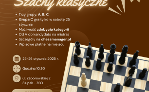Plakta informacyjny z tekstem jak w artykule i grafika szachowa- figury i plansza szachowa