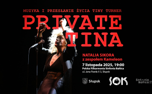 baner koncertu PRIVATE TINA - czarne tło, zdjęcie artystki oraz napisy i logotypy w kolorach czerwonym i białym; informacje na banerze z treści